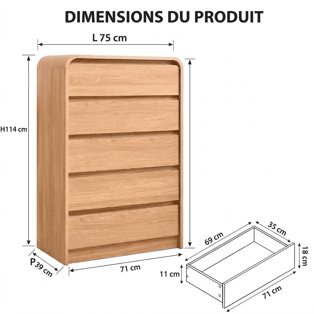 Commode haute arrondie à cinq tiroirs