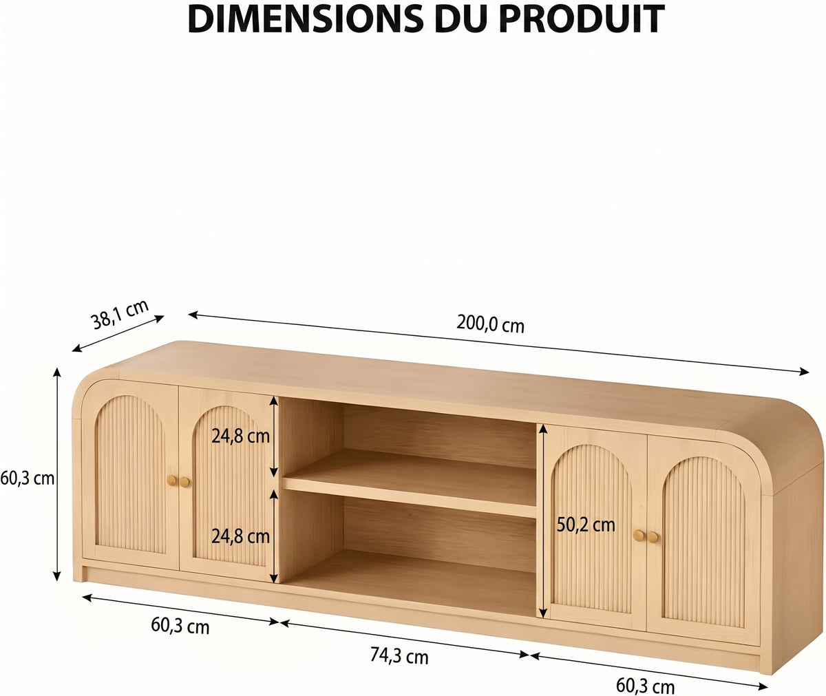 Meuble TV avec rangements et portes cintrées