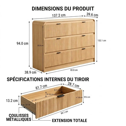Commode à six tiroirs cannelés