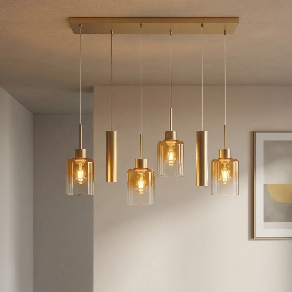 Lustre linéaire en laiton doré et verre