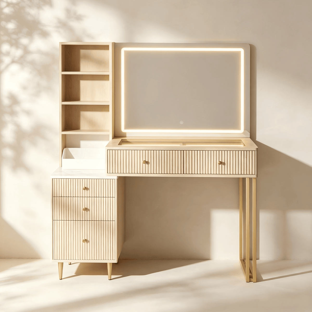 Coiffeuse moderne cannelée avec miroir LED