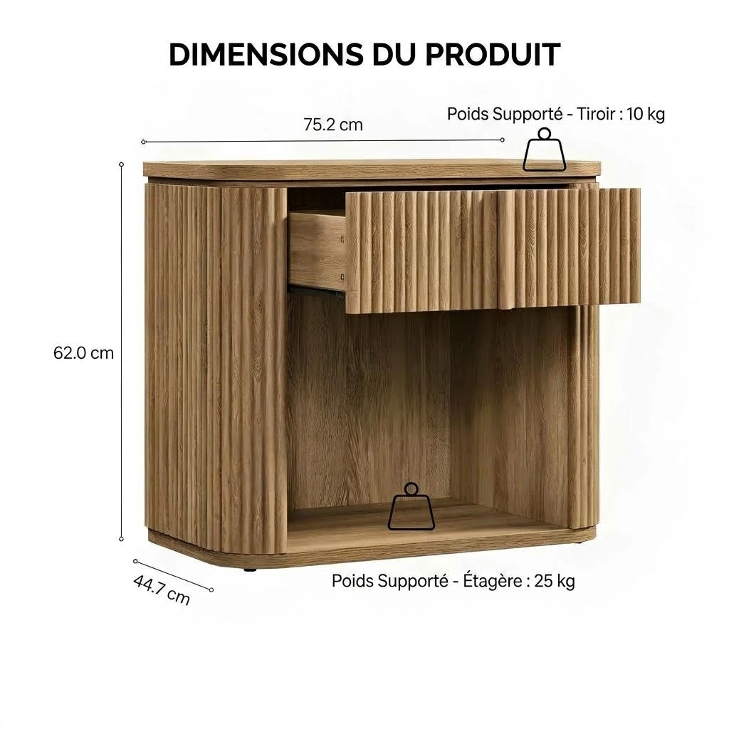 Table d'appoint incurvée et cannelée avec étagère ouverte