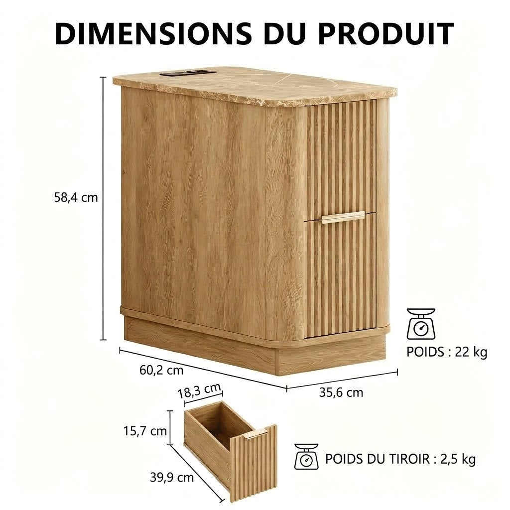 Table d'appoint cannelée à deux tiroirs