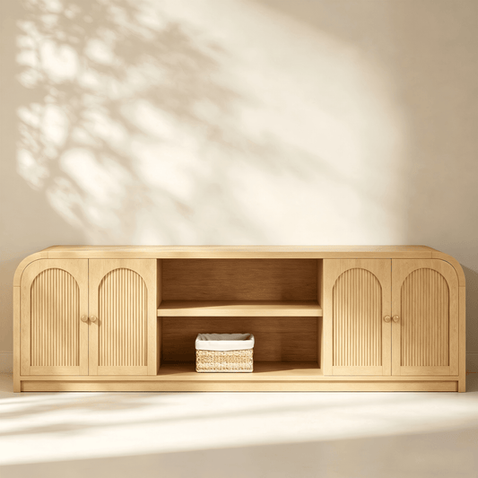 Meuble TV avec rangements et portes cintrées