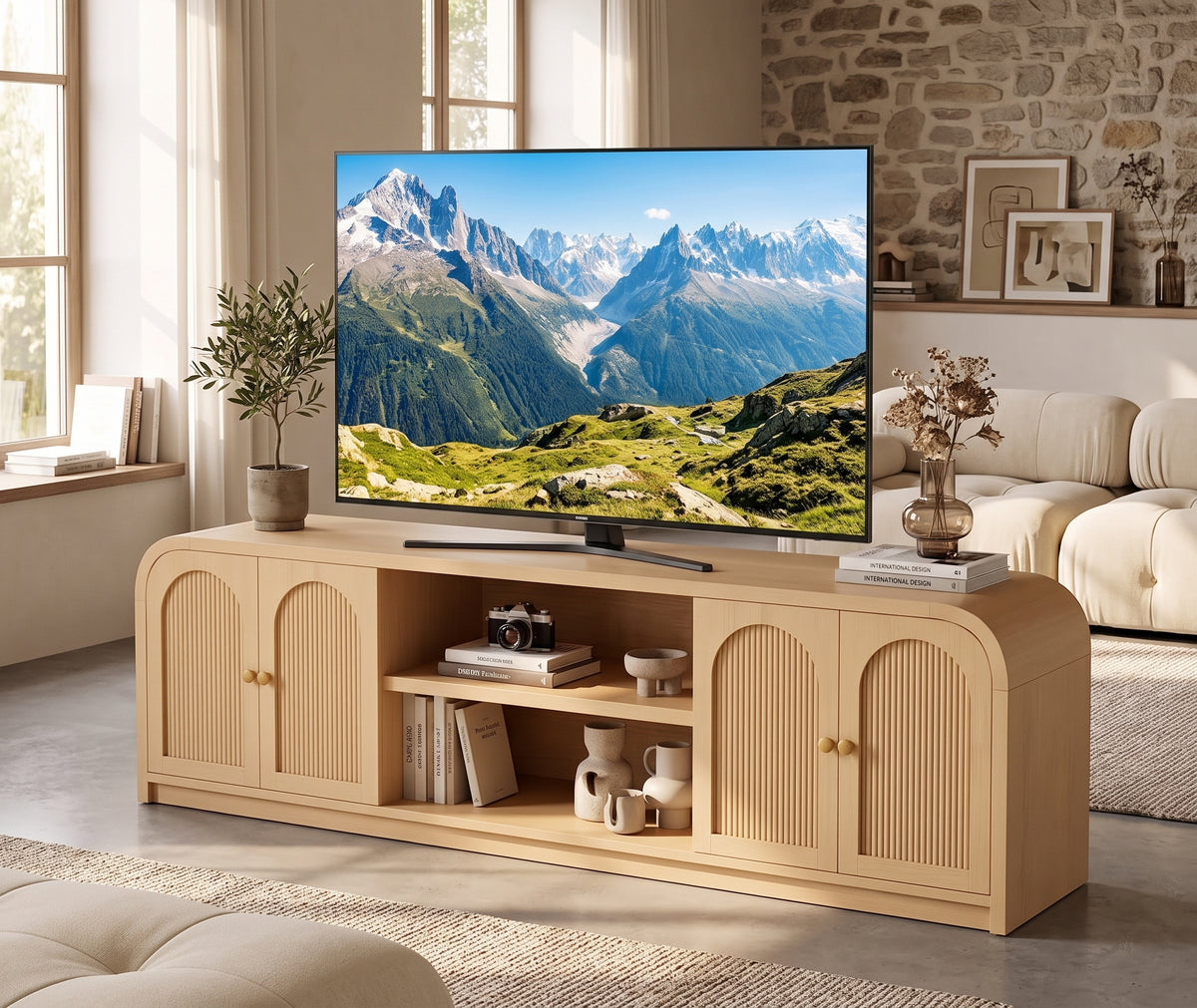 Meuble TV avec rangements et portes cintrées